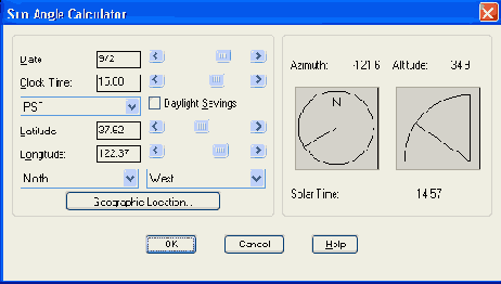 Диалоговое окно Sun Angle Calculator