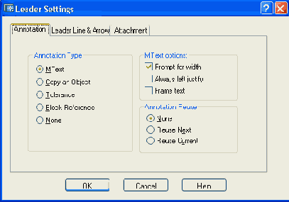 Диалоговое окно Leader Settings вкладка Annotation