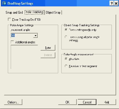 Диалоговое окно Drafting Settings вкладка Polar Tracking