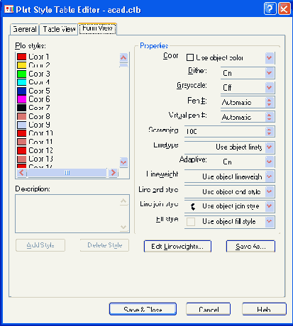 Диалоговое окно Plot Style Table Editor вкладка Form View